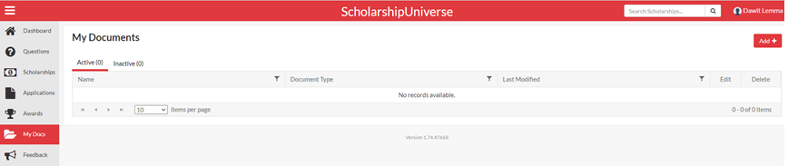 Screenshot of Scholarship Universe Documents Section